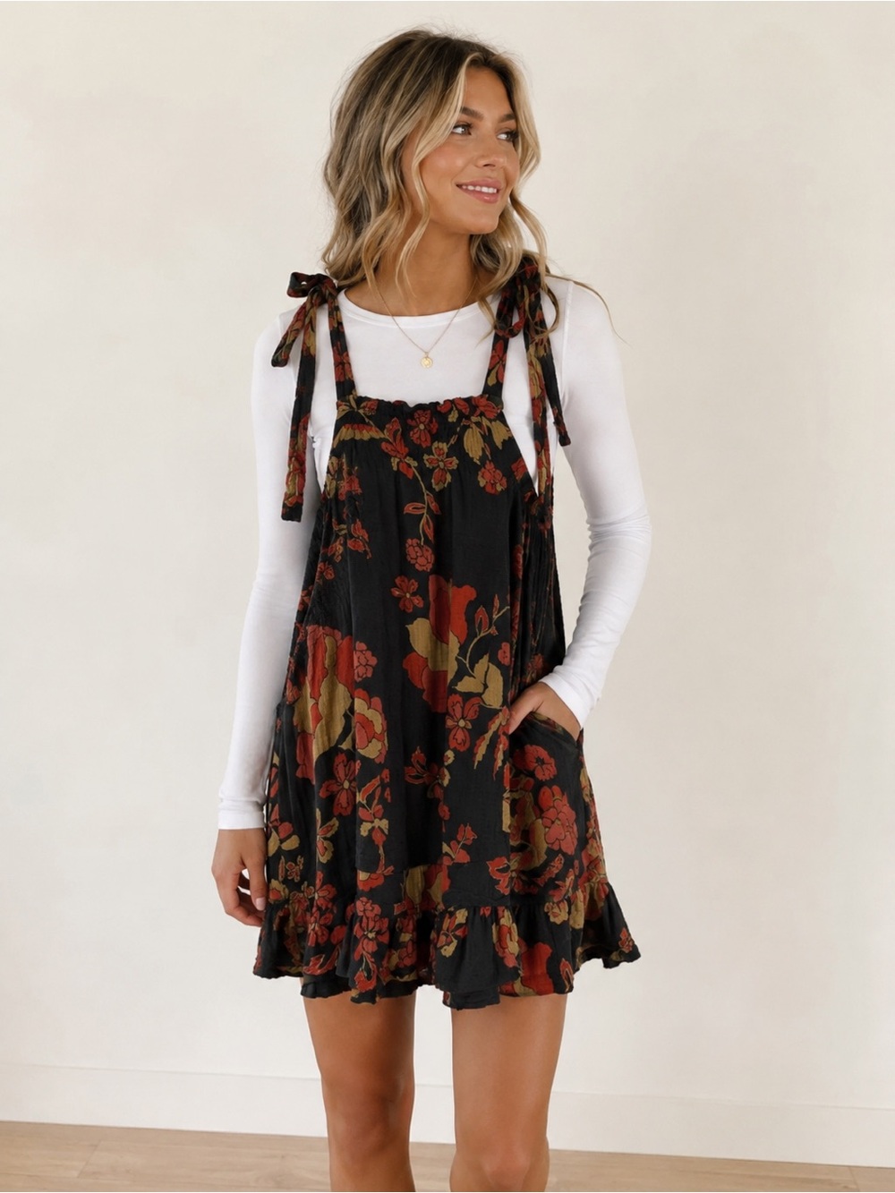 Free People Black Midi Dress with Rust & Olive Floral